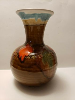 Vintage Dryden Pottery Vase 1976 Signed Loi Turquoise Brown Teal Red