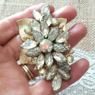 Vintage Judy Lee Gold Tone Rhinestone Ab Art Glass Flower Brooch Pin 3 1/4 "
