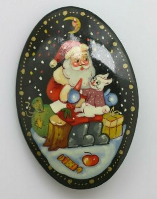 Vintage Black Laquer Russian Christmas Santa Bunny Painted Scene Pin Brooch