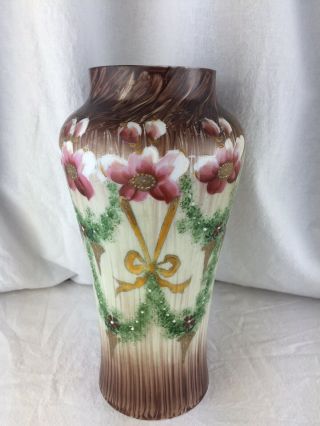 Vintage Hand Painted Tall Opaline Vase With Flower Design