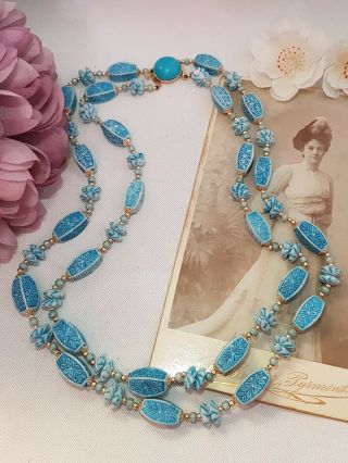 Pretty Vintage 1960s Hong Kong Double Strand Blue Acrylic Necklace