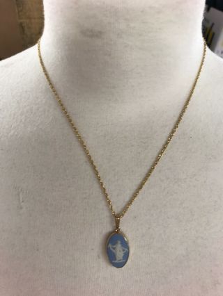 Vintage Wedgwood Blue Jasper Ware Cameo Pendant On Gold Plated Chain