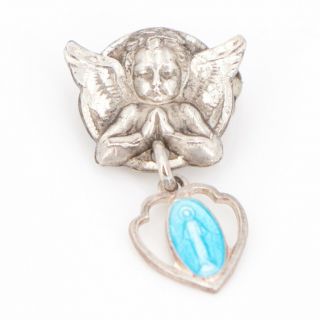Vtg Sterling Silver - Miraculous Medal Enamel Virgin Mary Angel Brooch Pin - 2g