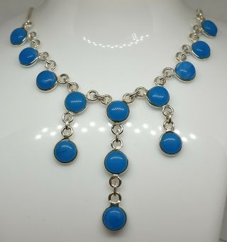 Vintage 925 Sterling Silver And Sky Blue Agate Cabochon Drop Necklace