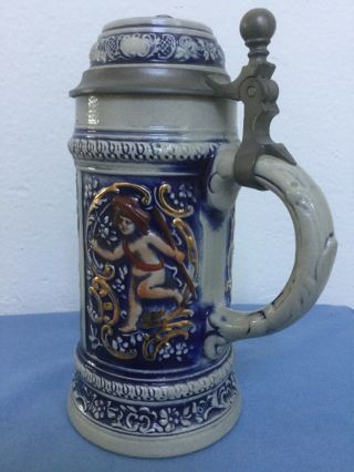 Vintage Gerz Beer Stein Cherubs And Hunting Scene Gold Accents W.  Germany 8 Inch 3