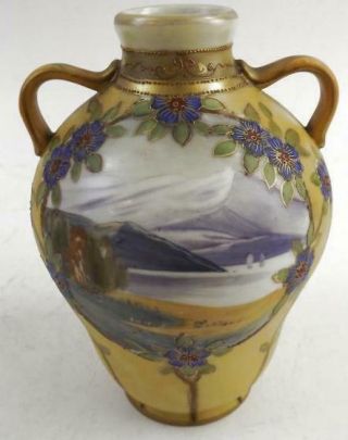 Vintage Nippon Hand Painted Urn Bud Vase Mountain/lake Scene 6 1/4 " Tall