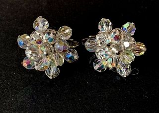 Vintage Jewelcraft Aurora Borealis Iridescent Glass Cluster Clip - On Earrings