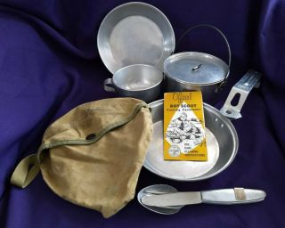 Vintage 1950s Official Boy Scout Mess Kit W/utensils Canvas Cover & Care Guide
