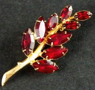 Vtg High - End 2 3/8 " Red Prong Set Glass Rhinestone & Gold Tone Leaf Brooch Pin