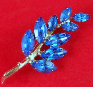 Vtg High - End 2 3/8 " Blue Prong Set Glass Rhinestone/ Silver Tone Leaf Brooch Pin