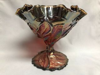 Vintage Imperial Glass Red Iridescent Candy Dish With Leaf Design