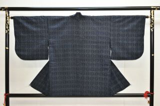 Vintage Silk Kimono Jacket:navy Blue Tsumugi Kasuri Fortune Hexagon@ym64