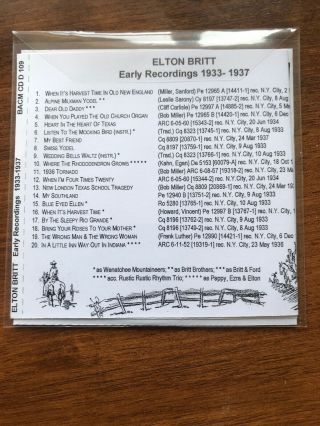 Elton Britt Early Recordings Yodel Vintage Country Western Cowboy Music CD BACM 2