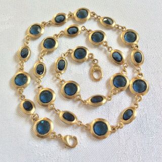 Vintage Bezel Set Dark Blue Faceted Crystal Glass Necklace Signed M&s