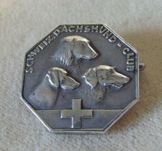 Vintage Dachshund Club Swiss Medal Brooch Signed Huguenin