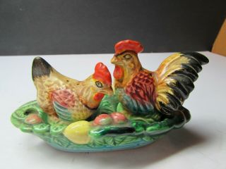 Vintage 1940s 50s Ceramic Hen And Rooster Salt And Pepper Set
