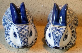Vintage Oriental Blue & White Rabbits X2 Hand Painted Ceramic Jars Lidded 7.  5 " R