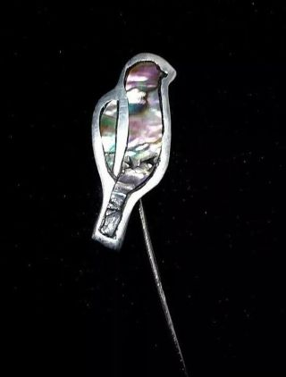 Vintage Mother Of Pearl Abalone Shell Silver Bird Stick Pin / Hat Pin