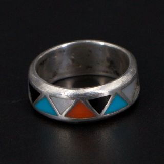 Vtg Sterling Silver - Navajo Turquoise Onyx Mop Band Geometric Ring Size 8 - 6g