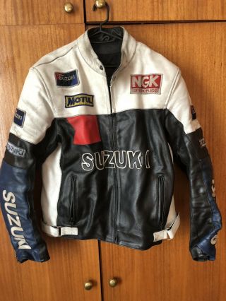 Vintage Motorcycle Leather Jacket Suzuki Size M Blue White And Black