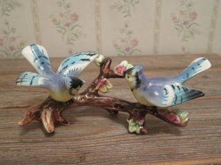 Vintage Blue Jay Bird Figurine Two On A Tree Branch Japan