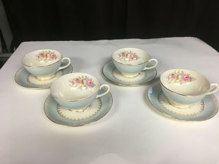 Vintage Set Of 4 Homer Laughlin Georgian Chateau Blue Eggshell Cups/saucers