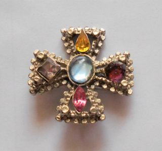 Vintage Maltese Cross Multi - Color Rhinestones Pot Metal Pin Brooch