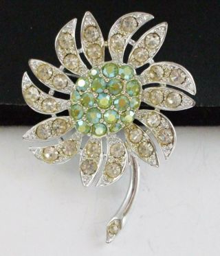 Lovely Vintage Sarah Coventry Flower Pin Brooch W/green Ab & Clear Rhinestones