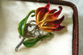 Vintage Jewellery Enamel Marcasite Fire Lily Flower Brooch Pin