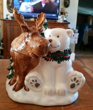 Vintage Bico China Christmas Cookie Jar With Polar Bear And Moose