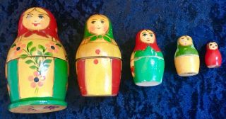 Vintage Wooden Russian Nested Babushka Matryoshka Dolls - Set Of 5x - 1976