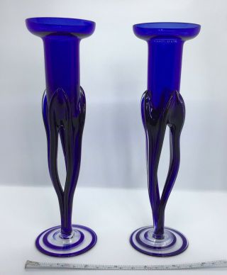 Vintage Jozefina Krosno Poland Art Glass Two Candlesticks Cobalt Undamaged C1990