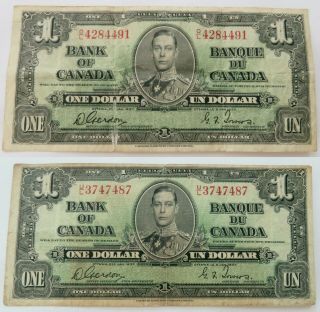Two 1937 Bank Of Canada One Dollar Notes,  Vintage Canadian Bills $1 (211715q)