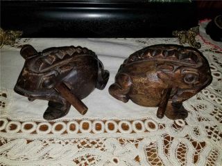 2 Vintage Dark Wood Hand Carved Musical Instrument Frogs With " Ribbit " Sticks
