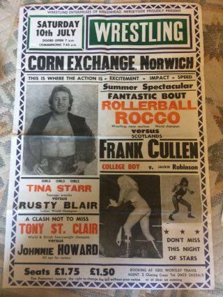 Vintage Wrestling Poster,  1970s/80s,  Rollerball Rocco Frank Cullen,  Vgc