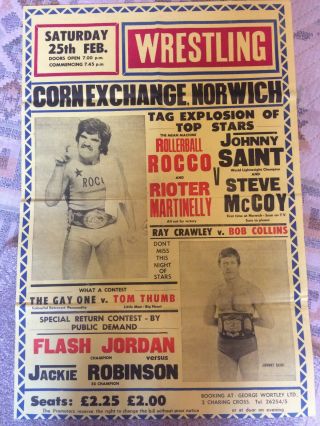 Vintage Wrestling Poster,  1970s/80s,  Rollerball Rocco Johnny Saint,  Vgc