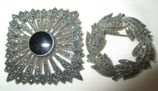 2 Vintage 925 Sterling Silver Marcasite Brooch/pins - Circular - Square/onyx