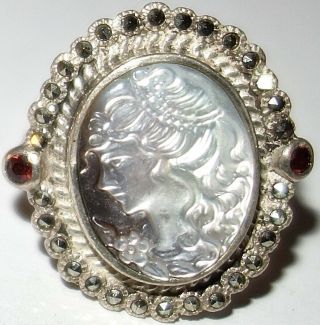 Magnificent Vintage Sterling Mother Of Pearl Cameo Ring W/garnets Marcasites 2