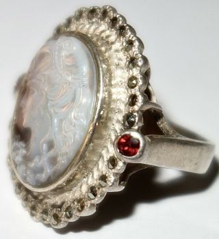 MAGNIFICENT Vintage STERLING MOTHER of PEARL CAMEO RING w/GARNETS MARCASITES 2 2