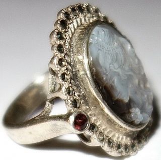 MAGNIFICENT Vintage STERLING MOTHER of PEARL CAMEO RING w/GARNETS MARCASITES 2 4