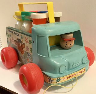 Fisher Price 131 Vintage Milk Wagon 637 Crate Carrier & 6 Bottles W/caps