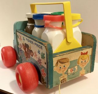 Fisher Price 131 Vintage Milk Wagon 637 Crate Carrier & 6 Bottles W/caps 3