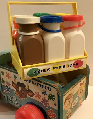 Fisher Price 131 Vintage Milk Wagon 637 Crate Carrier & 6 Bottles W/caps 4