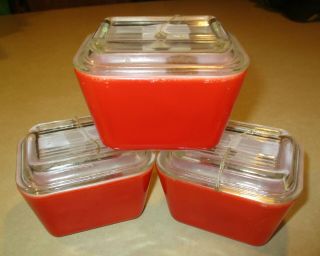 X3 Vintage Pyrex Red Refrigerator Dish W/ Lid 501 Dishes With Lids Euc