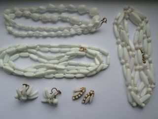 3 Vintage Milk White Glass Bead Necklace & 2 Pairs Earrings