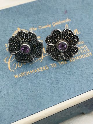 Pretty Vintage Jewellery Sterling Silver 925 Marcasite Flower Earrings