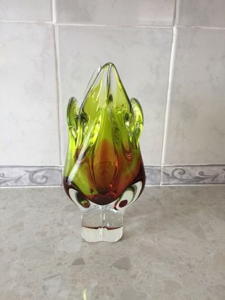 Large Murano Art Glass Blown Vintage Vase Green,  Brown And Clear