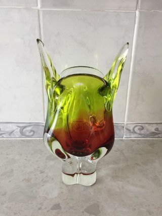 Large Murano Art Glass Blown Vintage Vase Green,  Brown and Clear 3