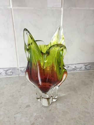 Large Murano Art Glass Blown Vintage Vase Green,  Brown and Clear 4