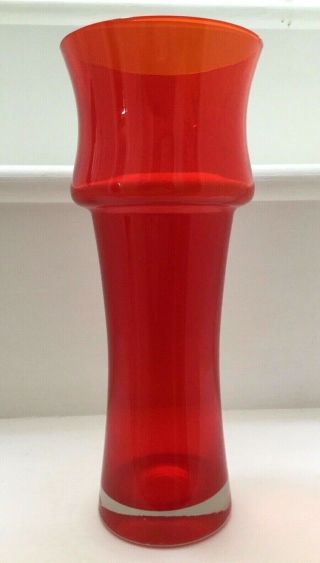 Vintage Riihimaki Tall Red Art Glass Vase - 1970s Scandinavian -